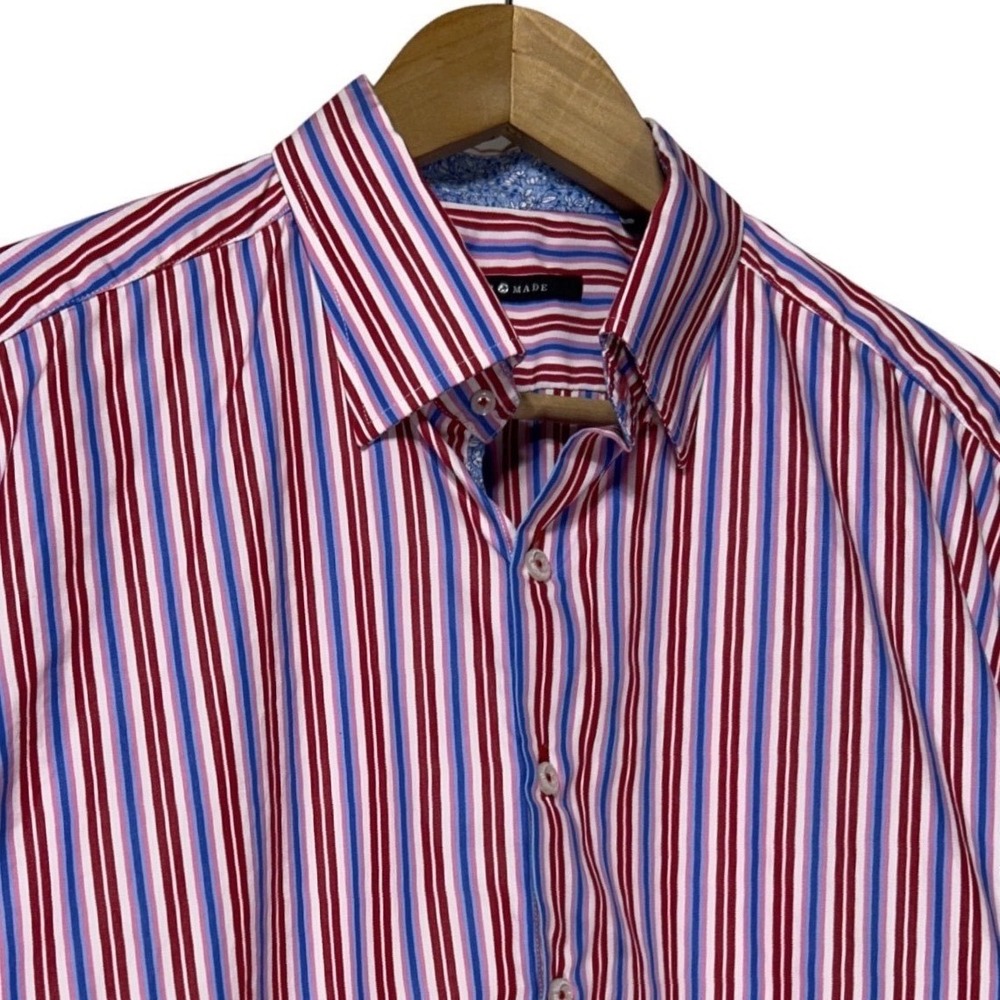 Hammer Made Limited Edition Short Sleeve Red Blue Pink Stripe Button Up Shirt XL